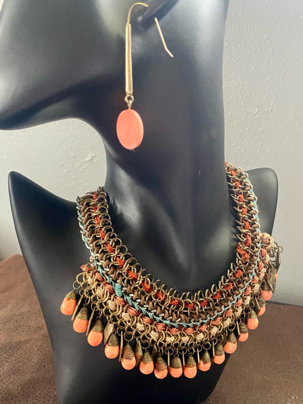 Handcrafted Multicolor Chainmail Bib Necklace - Orange & Blue Accents, Earrings